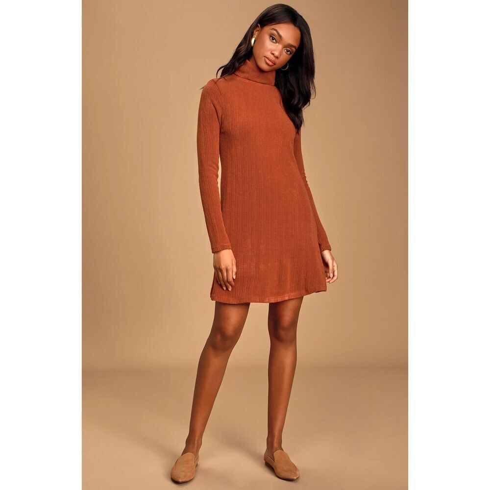 Lulus Rust Ribbed Knit Sweater Dress | Turtleneck Long Sleeve Mini Dress